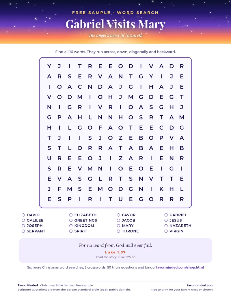 Free printable Christmas Bible word search: Gabriel Visits Mary, from Luke 1